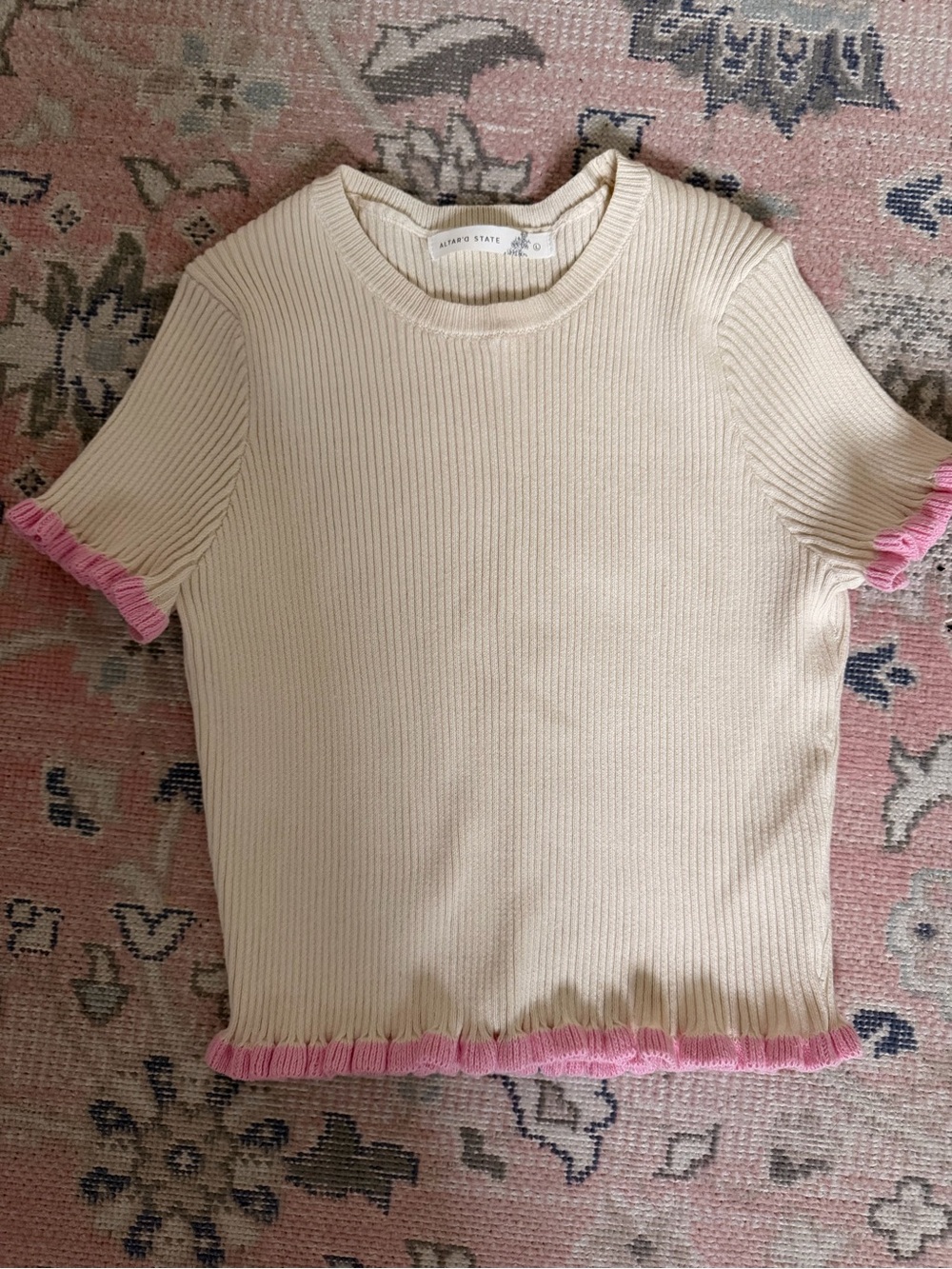Altar'd State Cream Ribbed Short Sleeve Top with Pink Ruffle Trim